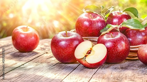 Ripe Red Apples with Leaves...