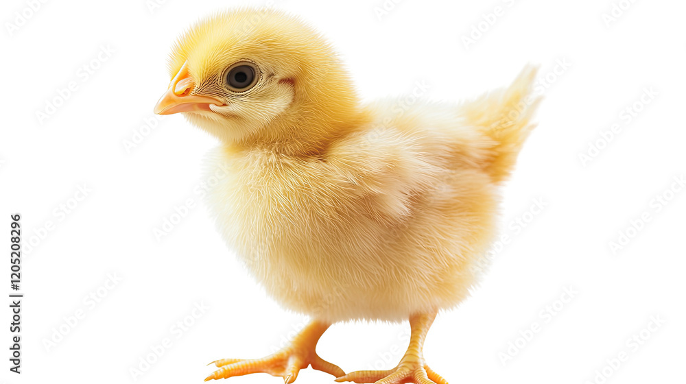 Obraz premium A Tiny Chick: A newborn yellow chick stands on a white backdrop, its small features and fluffy down accentuating its vulnerability and cuteness, inviting a gentle touch and a sense of awe.
