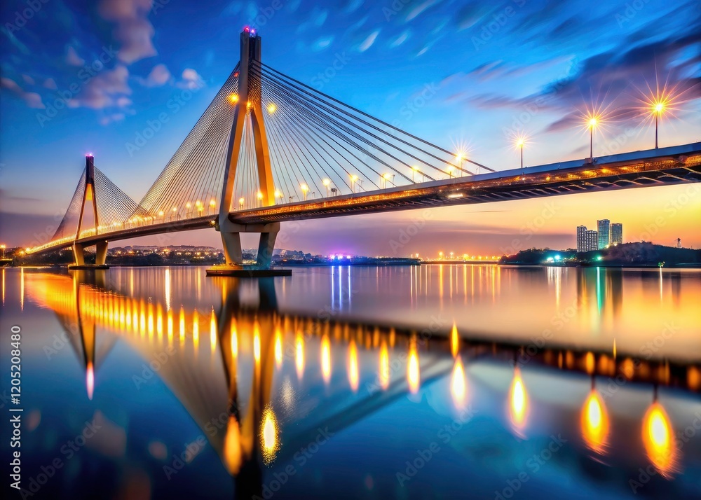 Naklejka premium Night's architectural marvel: a brilliantly lit cable-stayed bridge, showcasing a deep depth of field cityscape.