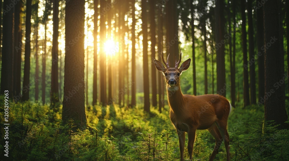 A deer stands gracefully in a sunlit forest, surrounded by tall trees and lush greenery, evoking a serene and peaceful atmosphere. A deer stands gracefully in a sunlit forest, surrounded by tall trees and lush greenery, evoking a serene and peaceful atmosphere.