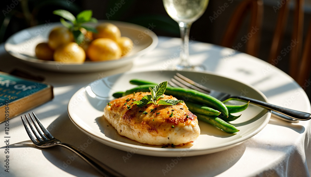Lemon-herb chicken with green beans and roasted potatoes for an elegant solo dinner Lemon-herb chicken with green beans and roasted potatoes for an elegant solo dinner