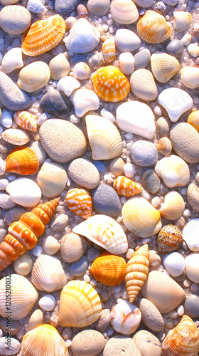 Seashells and pebbles form ...