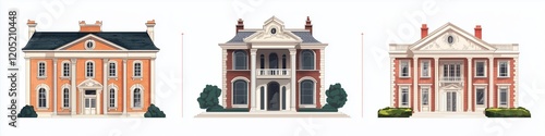 A collection of three elegant, classic-style Georgian houses style. The first house features a red brick exterior with white columns and a black roof. The second house is a grand two-story structure.