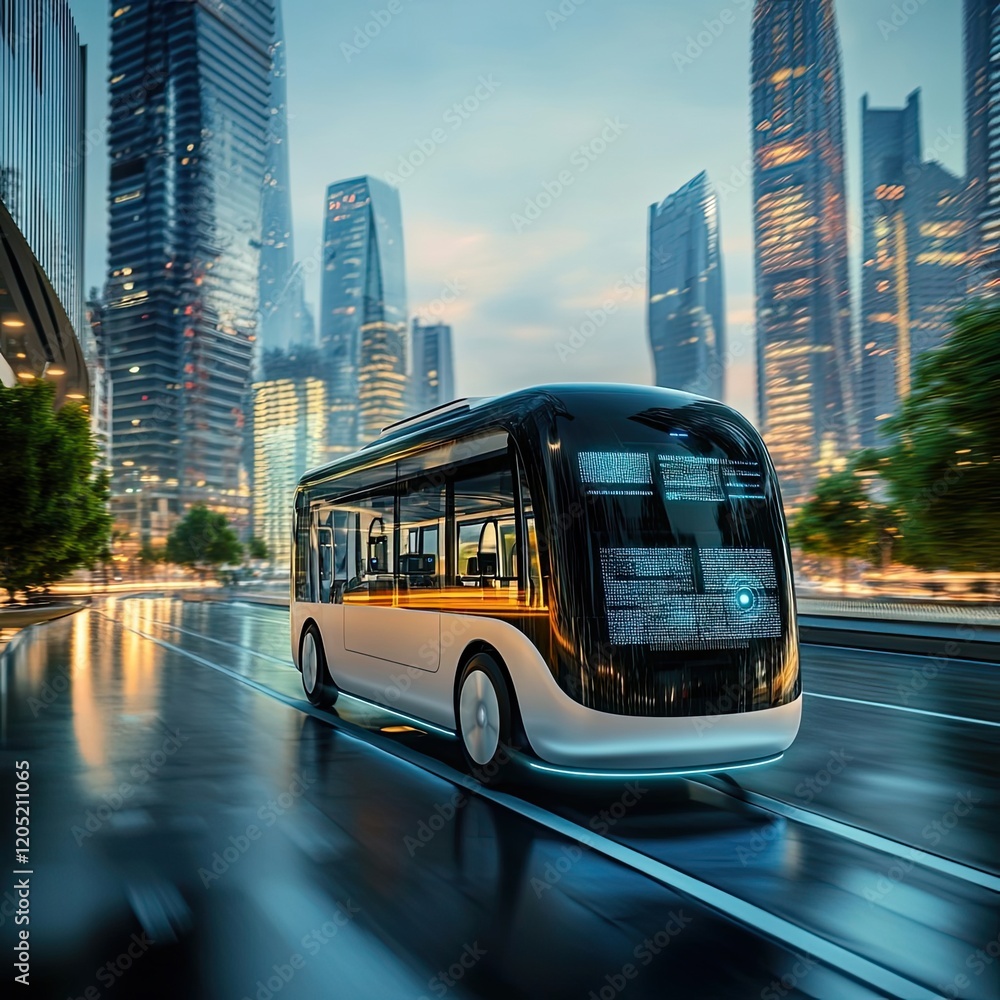 Obraz premium Autonomous Electric Bus Drives Through Futuristic Cityscape