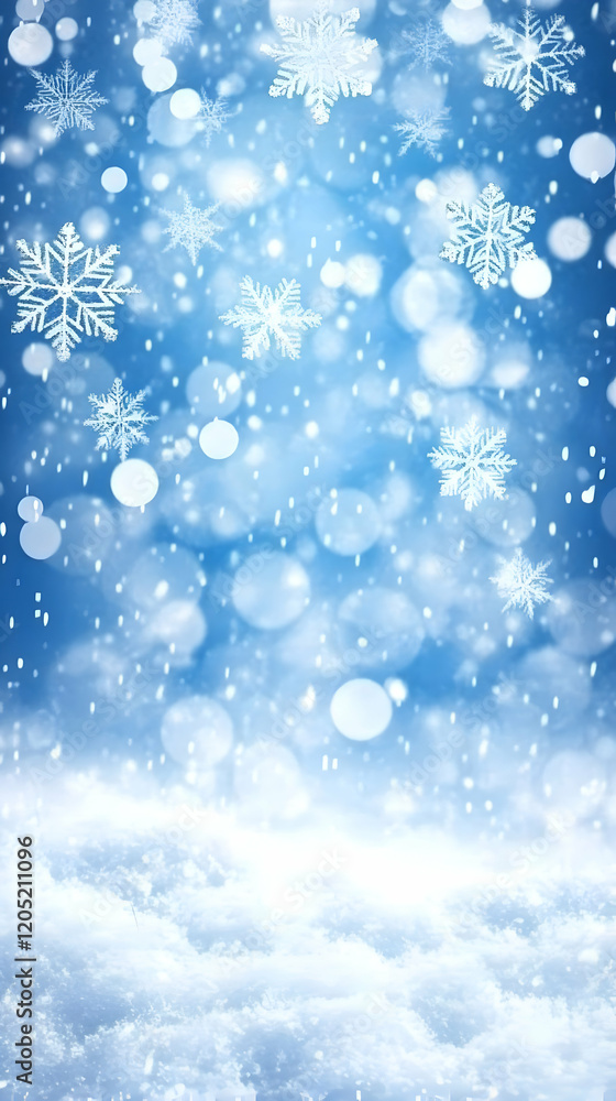 Fototapeta premium Snowflakes Fall Gently on a Snowy Ground with Blue Bokeh Background Beautifully