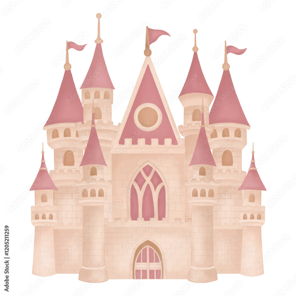 Fototapeta premium Fairytale castle for royal wedding concept watercolor illustrations