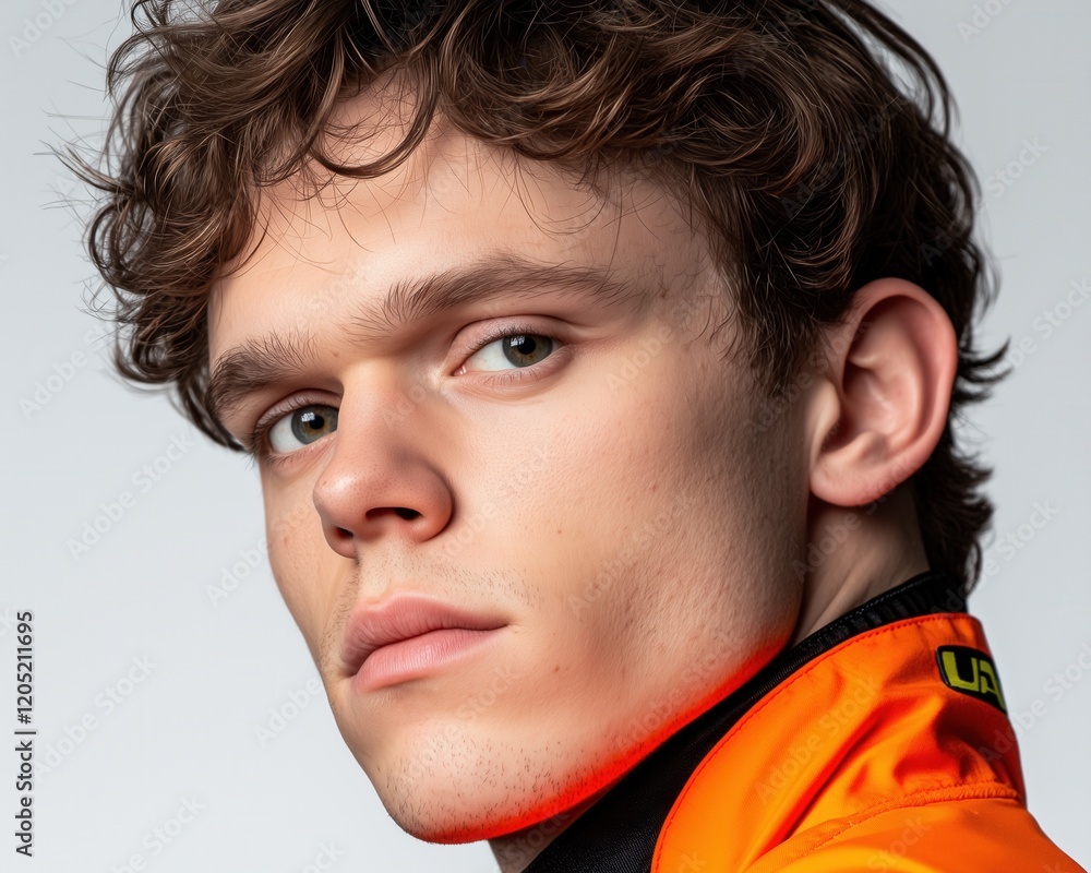 Young Man in Bright Orange Jacket with Short Curly Hair and Serious Expression