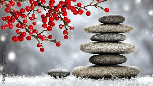 Stacked stones and red berr...