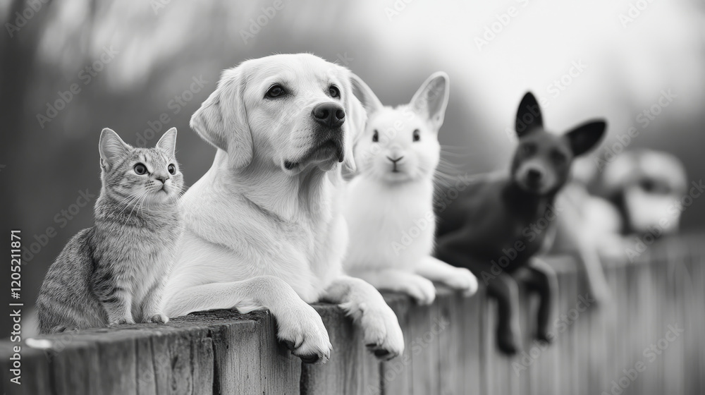Adorable cat, dog, rabbit, and other animals lined up on a fence. Perfect for pet lovers and cute animal enthusiasts. Adorable cat, dog, rabbit, and other animals lined up on a fence. Perfect for pet lovers and cute animal enthusiasts.