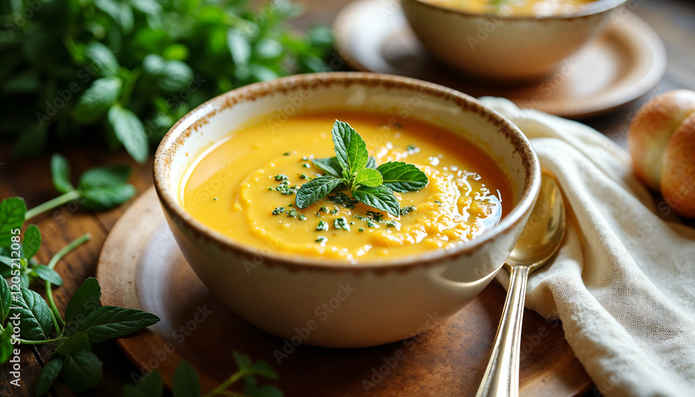 Smooth and herbed soup in a rustic bowl, blending winter warmth with spring freshness for a wholesome, comforting meal Smooth and herbed soup in a rustic bowl, blending winter warmth with spring freshness for a wholesome, comforting meal