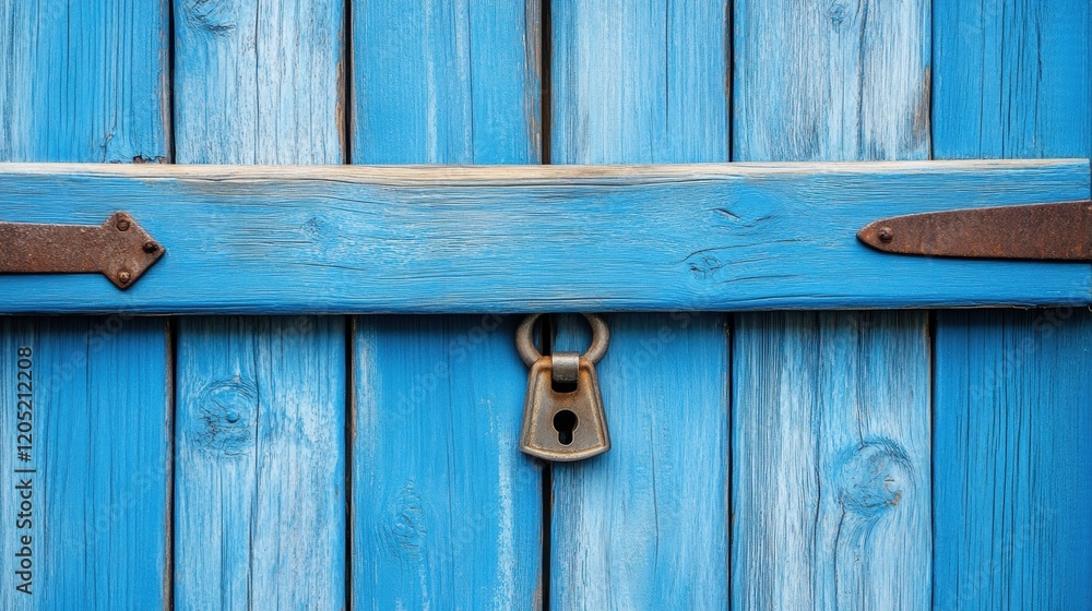 Blue Wooden Door with Lock and Rustic Metal Details Blue Wooden Door with Lock and Rustic Metal Details