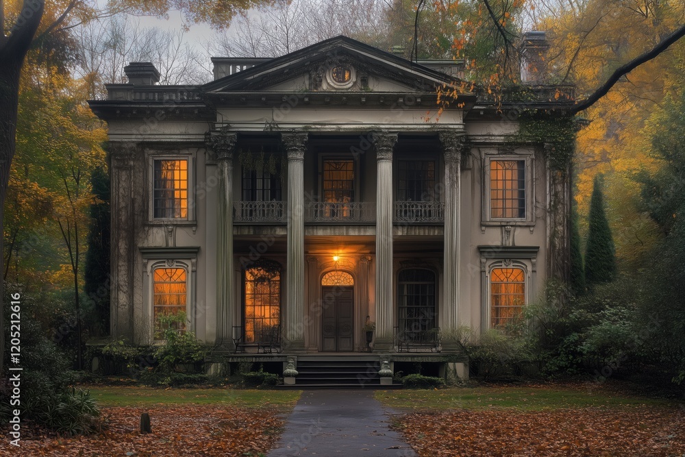 Fototapeta premium A grand, old Georgian house style mansion with classical architecture, featuring tall columns and large windows. The house is surrounded by autumn foliage, with warm light glowing from the windows.