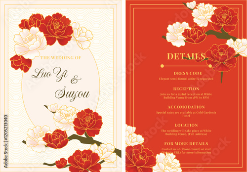 Set of luxury elegant chinese wedding invitation card red and gold flowers