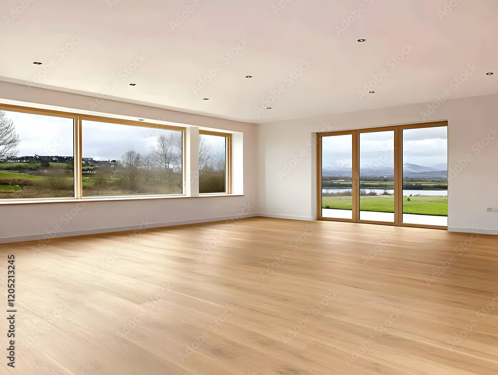 Fototapeta premium Empty Room with Large Windows Showcasing Scenic Landscape Views and Hardwood Floors