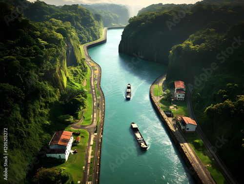 Cargo Ships Navigate a Lush...