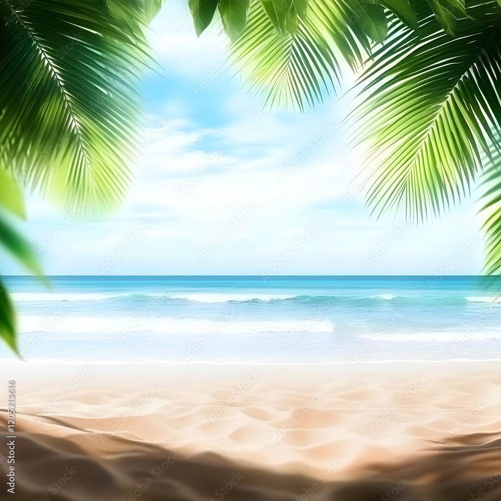 Tropical Beach Scene with Palm Leaves and Soft Sand, Vacation Paradise with Sunlight Effect. Tropical Beach Scene with Palm Leaves and Soft Sand, Vacation Paradise with Sunlight Effect.
