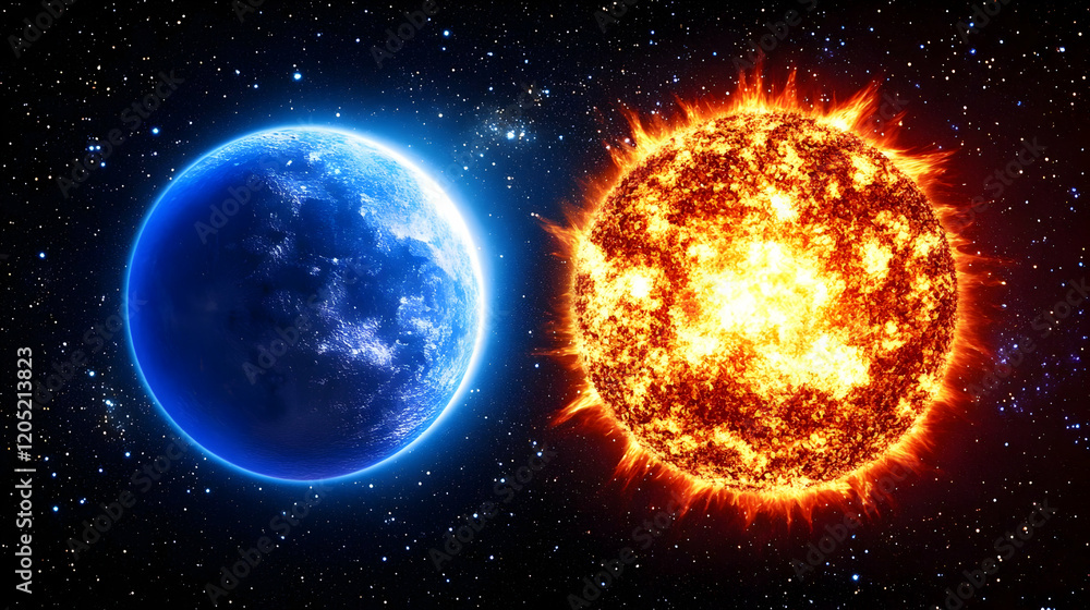 Obraz premium Blue Planet and Fiery Star Dance in the Cosmic Ballet of Space, a Stunning Illustration