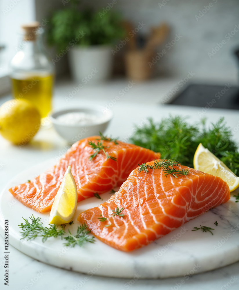 Raw salmon steaks garnished with dill and paired with vibrant lemons, presented on a clean marble surface for refined cooking Raw salmon steaks garnished with dill and paired with vibrant lemons, presented on a clean marble surface for refined cooking