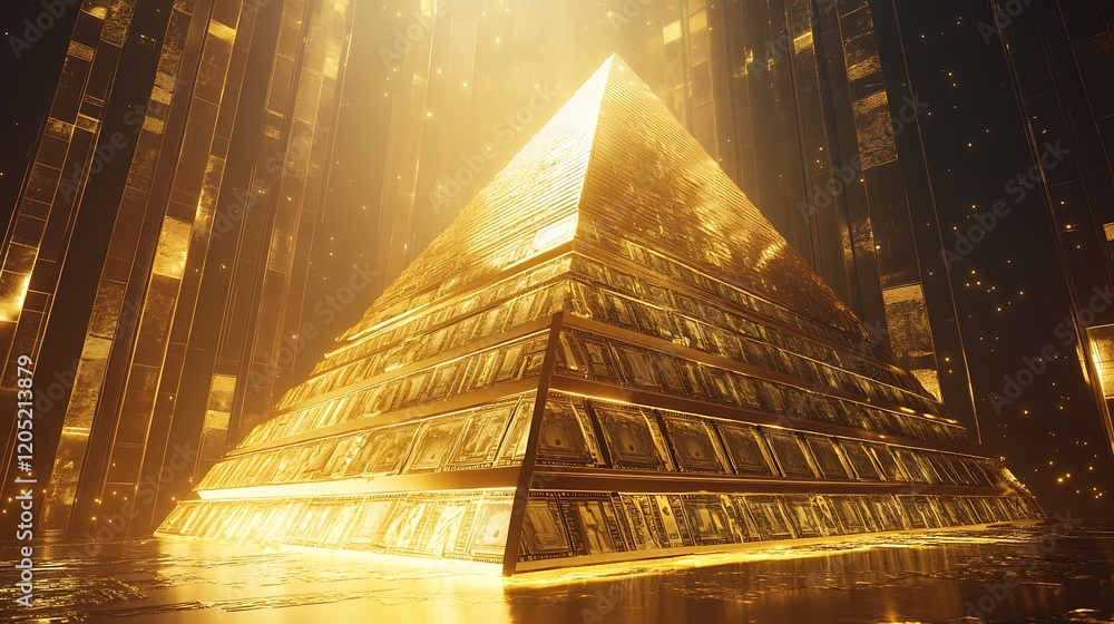 Naklejka premium A pyramid of gold and money standing tall in a modern setting, bathed in luxurious light