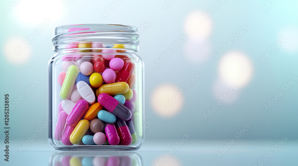 Colorful pills in a glass jar on a bright background, symbolizing health and wellness. Colorful pills in a glass jar on a bright background, symbolizing health and wellness.
