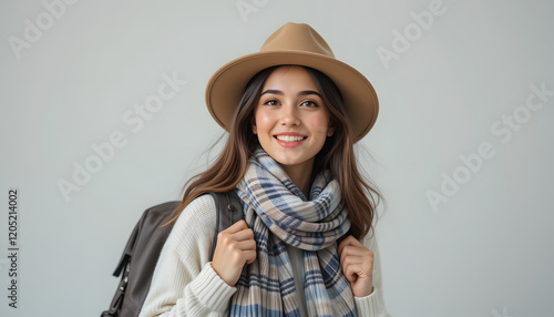 A cheerful woman with long brown hair wearing a stylish hat and plaid shirt, posing with confidence and a bright smile, radiating happiness and casual fashion vibes in a natural way. photo