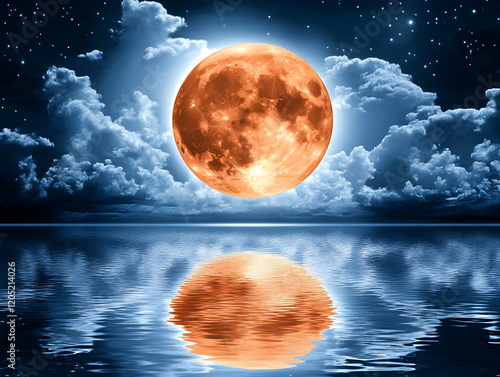 Large Orange Moon Reflects ...
