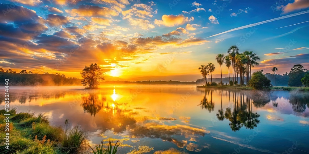 Obraz premium Serene Mist Lake, Deltona, Florida: Sunrise Reflections on Calm Water