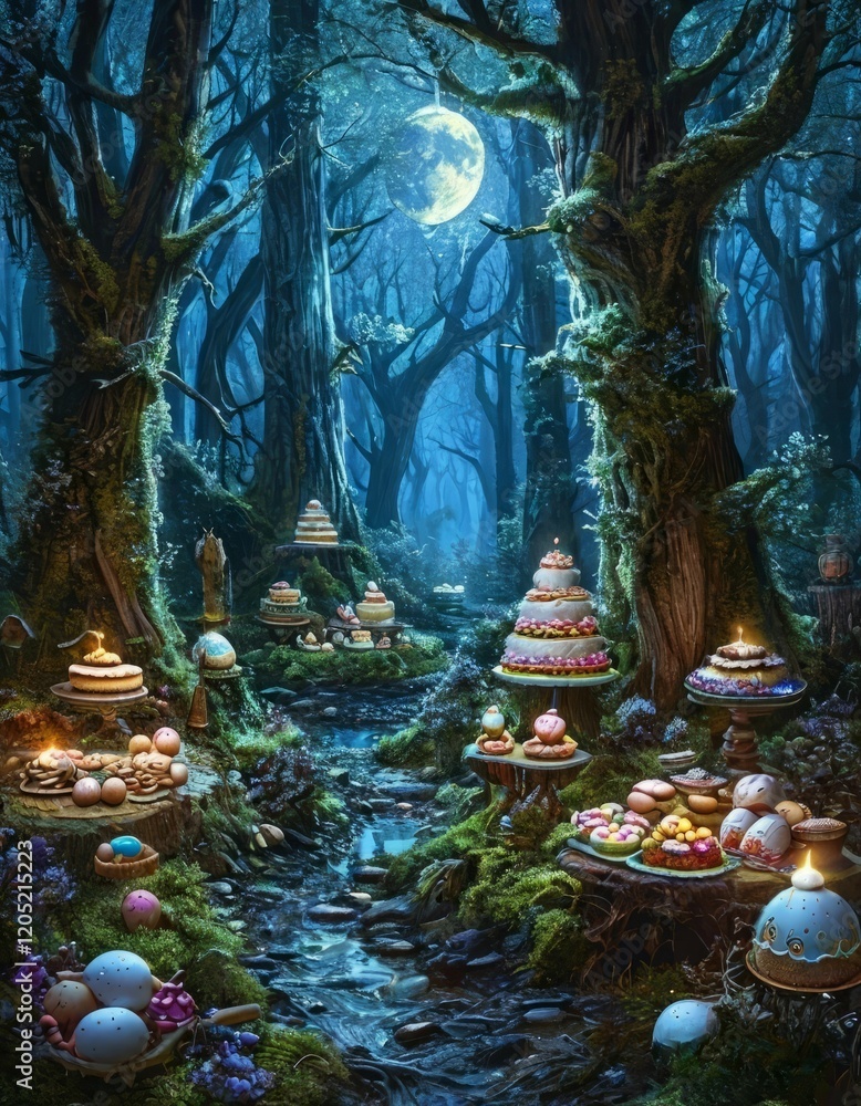 Fototapeta premium Festive Easter cake decorated and eggs in a magical forest