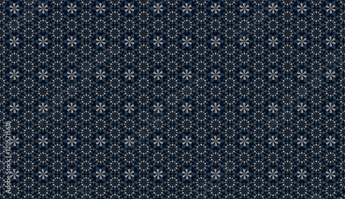 Abstract circle floral-like seamless pattern with mini geometric rhombus and kite in blue light n gray on dark blue background. Vector design for masculine male shirt lady dress cloth textile cover 