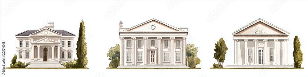 A collection of three elegant architectural designs of Greek Revival houses style, showcasing classical styles with columns, pediments, and decorative elements. Each house features distinct. A collection of three elegant architectural designs of Greek Revival houses style, showcasing classical styles with columns, pediments, and decorative elements. Each house features distinct.