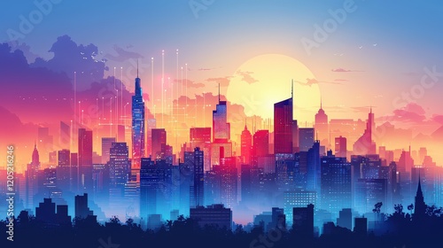 A city skyline with smart infrastructure powered by AI, representing the future of urban development and technological innovation.