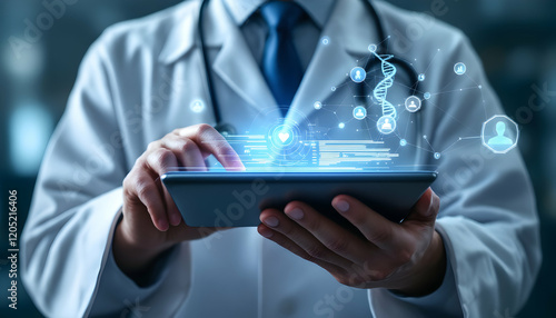 Doctor Using Tablet with Digital Health Data
