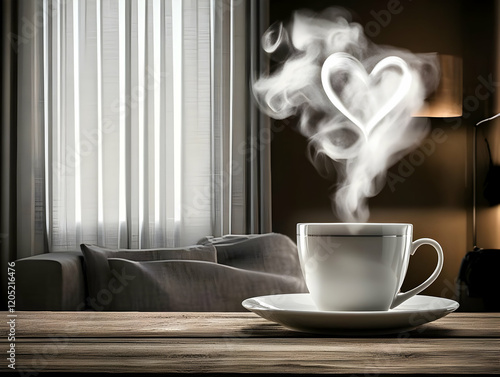 A steaming cup of coffee si...