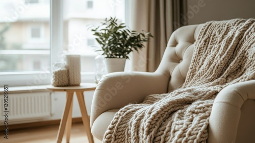 A serene and elegant living room with a tufted armchair, light wood furniture, and soft throw blankets. A peaceful, minimalist design