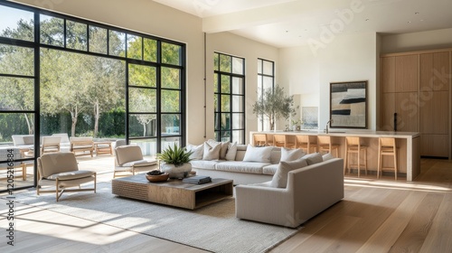 Wallpaper Mural A serene, minimalist living area with light wood flooring, neutral furnishings, and an open-plan kitchen. Large glass doors allow abundant sunlight into the space Torontodigital.ca