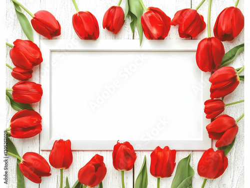 Red Tulips Frame a Blank Wh...