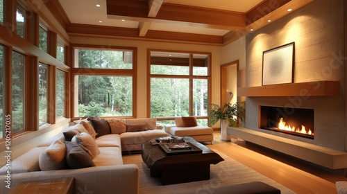 Wallpaper Mural A serene modern living room with an elegant fireplace, soft lighting, and a cozy sectional. Warm wood finishes add depth to the comfortable atmosphere Torontodigital.ca