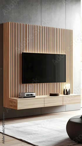 Modern Living Room Interior Design Showcases a TV Unit with Wooden Slats and a Minimalist aesthetic