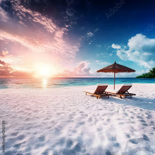 Beach chairs sit on white s...