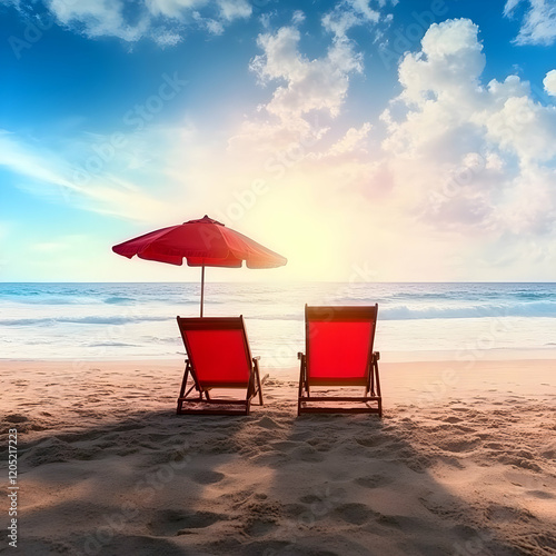 Two Red Beach Chairs Sit Un...