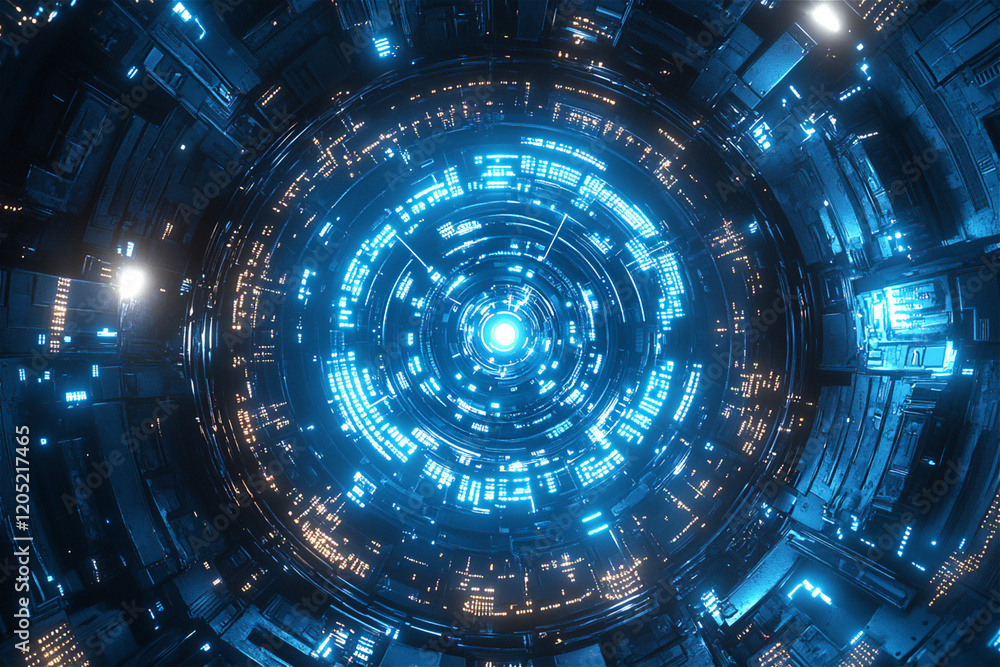 Futuristic glowing blue circular interface resembling a digital portal or sci-fi energy core, with intricate technological details and a central light source Futuristic glowing blue circular interface resembling a digital portal or sci-fi energy core, with intricate technological details and a central light source