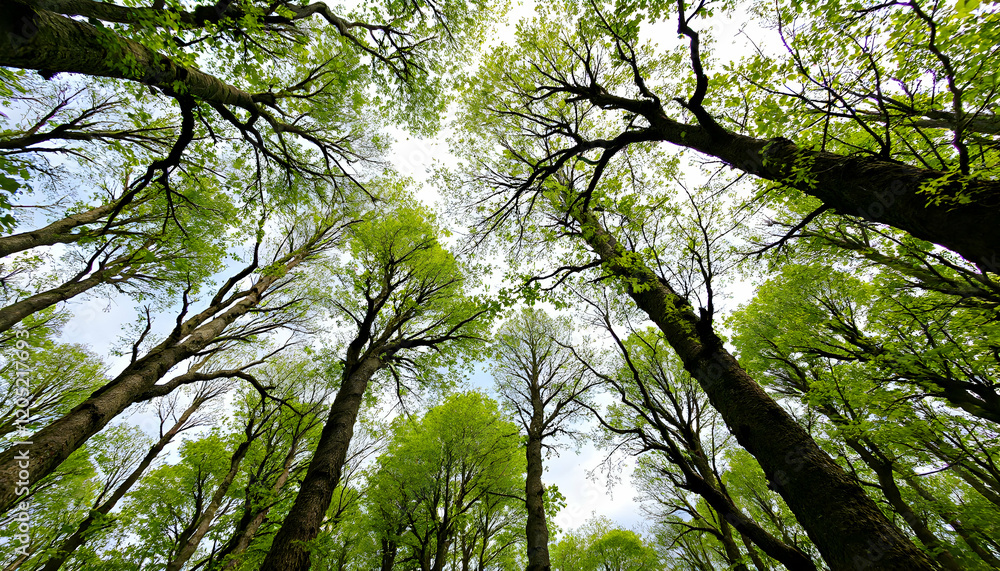 Fototapeta premium Looking Up Lush Green Forest Canopy Spring Trees Nature