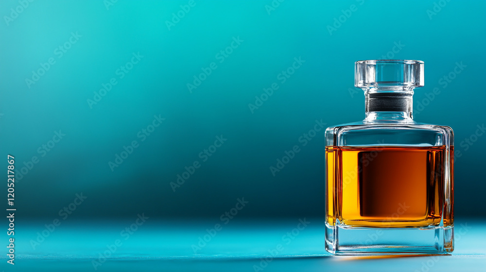 Elegant whiskey decanter with amber liquid against a blue background, showcasing luxury and refinement. Elegant whiskey decanter with amber liquid against a blue background, showcasing luxury and refinement.