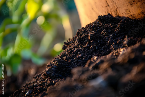 Dark Fertile Soil Forms a Mound in Garden with Blurred Green Plants in the Background photo