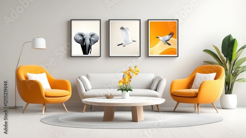 A living room with animal-themed art on the walls, featuring modern, abstract renditions of lions, elephants, and birds in rich, earthy tones photo