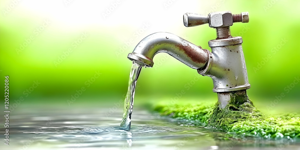 Old Faucet Pours Clean Water into a Stream with Lush Green Moss in the Background Old Faucet Pours Clean Water into a Stream with Lush Green Moss in the Background