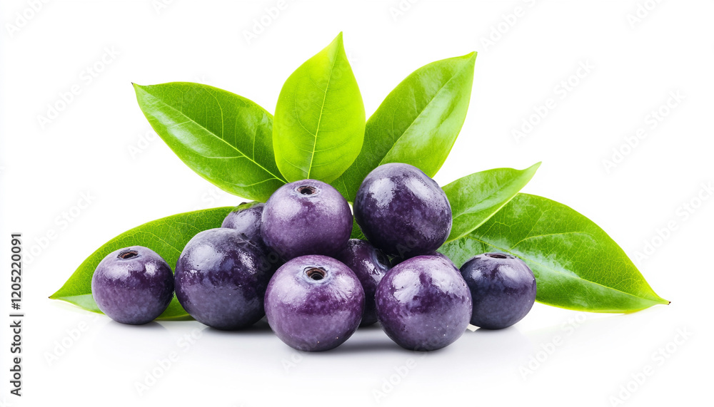 Fresh purple acai berries with green leaves, isolated on white background. Healthy organic fruit.