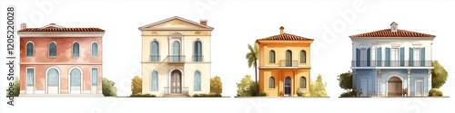 A collection of four distinct architectural Italianate houses style, showcasing variations in color and design. Each house features unique elements like balconies, windows, and roof styles. photo