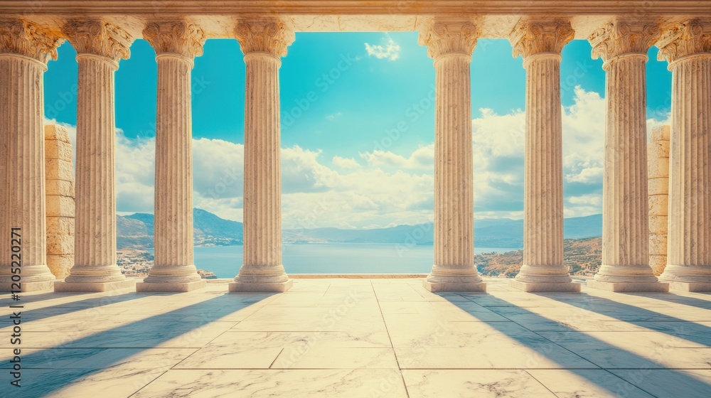 Serene View Through Ancient Columns Overlooking Tranquil Water Serene View Through Ancient Columns Overlooking Tranquil Water