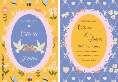 Set of wedding invitation card hand drawn floral vintage